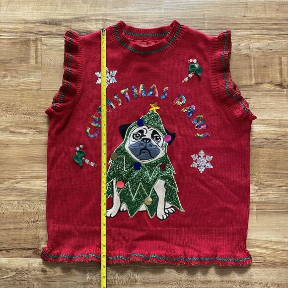 UGLY CHRISTMAS Sweater Vest M Pug Dog Embellished Sequin Metallic Knit Holiday - Picture 15 of 16